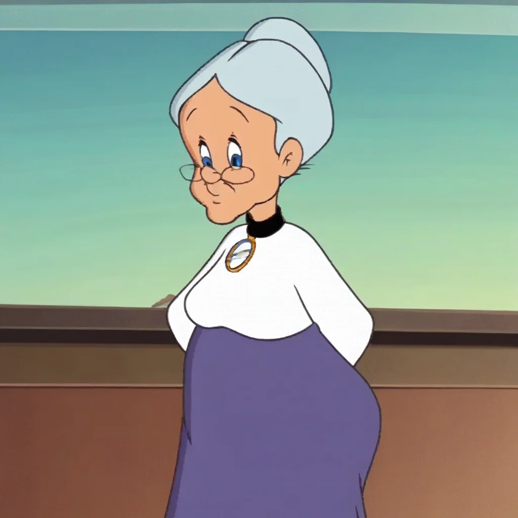 2d, flat colours, animated drawing, cartoon character, 1girl, ltgran, short hair, old woman, granny, solo, glasses, single hair bun, hair bun, gray hair, white shirt, long sleeves, jewelry, long skirt, blue skirt, breasts, large tits, booty, large butt, wide hips, busty