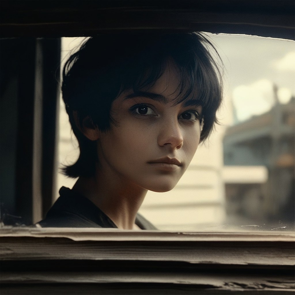 score_9, score_8_up, score_7_up, score_6_up, flmgr, flmgr, film grain, cinematic, cinematic light, solo, black hair, realistic, black eyes, looking at viewer, portrait, 1girl, short hair, closed mouth, Outside the window