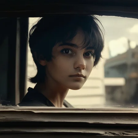 score_9, score_8_up, score_7_up, score_6_up, flmgr, flmgr, film grain, cinematic, cinematic light, solo, black hair, realistic, black eyes, looking at viewer, portrait, 1girl, short hair, closed mouth, Outside the window