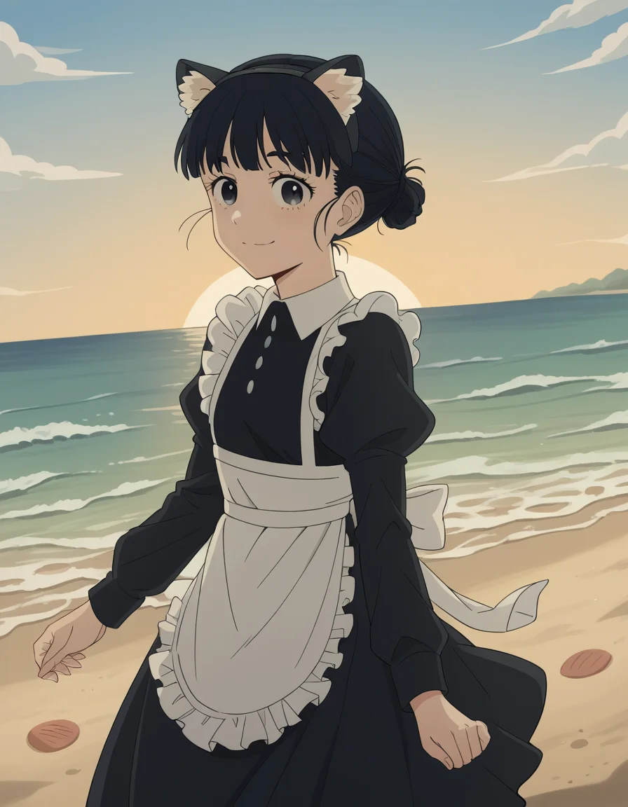 score_9, score_8_up, score_7_up, source_anime, <lora:tiara-basori-s1-ponyxl-lora-nochekaiser:1>, tiara basori, bangs, black hair, hair bun, black eyes, single hair bun,, skirt, long sleeves, animal ears, puffy sleeves, cat ears, apron, black dress, maid, fake animal ears, juliet sleeves, maid apron, beach, sunset, walking along shore, footprints in sand, waves, peaceful, smile, , smile, solo,, cowboy shot, dutch angle