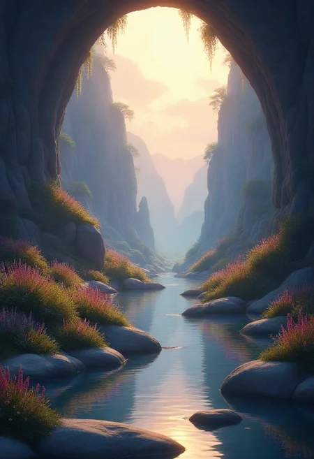 A serene fantasy landscape with intricate detail, soft lighting casting a warm glow over rolling hills and dense forests. The mood is peaceful yet magical, from a low-perspective angle that emphasizes vastness and wonder. The setting includes crystal-clear streams, vibrant wildflowers, and ethereal creatures floating above. Textures like smooth stone, detailed plant life, and reflective water surfaces add depth. Genres blend seamlessly into the scene's natural beauty with no overtly sexual elements. This prompt ensures a balance of detail and creativity to bring the image to life.