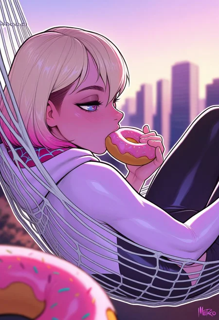 masterpiece,best quality,amazing quality,
artist: melkor,, (artist: incase:0.7), white outline glow, chromatic abberation, blurred background, dimmed background,
1 girl, fit, relaxing, casual, laying in a hammock made of webs, hammock made of white webbing, between two skyscrapers, eating a donut, pink hair highlights,
Gwen Stacy (Spider Gwen series),
Default superhero clothing, skyscraper city location,
detailed character, detailed face, detailed skin, detailed hair,