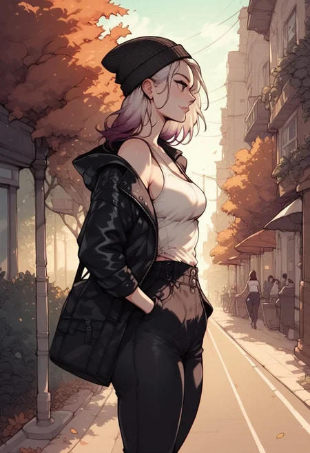 score_9, score_8_up, score_7_up, score_6_up, 1girl,1g0r, Laura, LauraRH, shoulders length hair, straight hair, platinum hair, (violet) gradient hair, dark eyes, cute face, medium breasts, curvy, large hips, pale skin, solo, walking, black leather jacket, white tank top, nipple peek, black leather pants, hands on pocket, street, beanie, autumn scenario, looking away, side view, cowboy shot, closeup