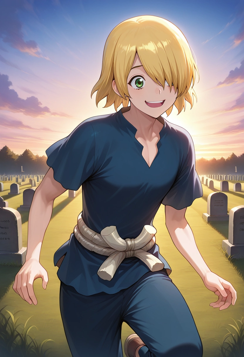 masterpiece, best quality, , semi-realistic,, 1boy, solo, male focus, <lora:ginrou_dr_stone_ilxl:1>, ginrou_dr_stone, blonde hair, green eyes, short hair, hair over one eye, blue shirt, short sleeves, cowboy shot, cemetery, dawn, one leg up, giggling,