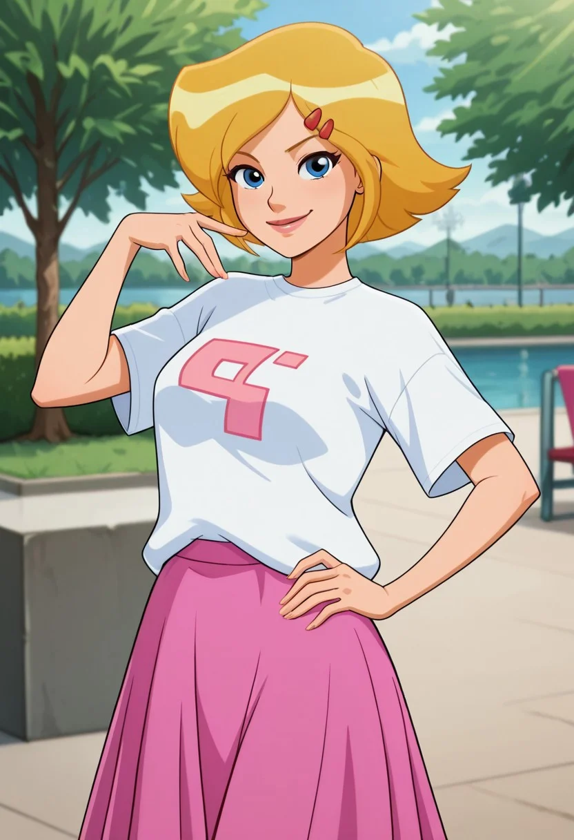 masterpiece, best quality, good quality, 1girl, solo, cartoon, totally_spies_2k24, cl0ver, blonde hair, blue eyes, white t-shirt, pix3l print, pink skirt, hairclip, sexy, large breasts, beautiful, detailed, high detailed, very beautiful, detailed face, detailed eyes, detailed hand, fingernails, outside, park, smile, posing, pose, looking at viewer
