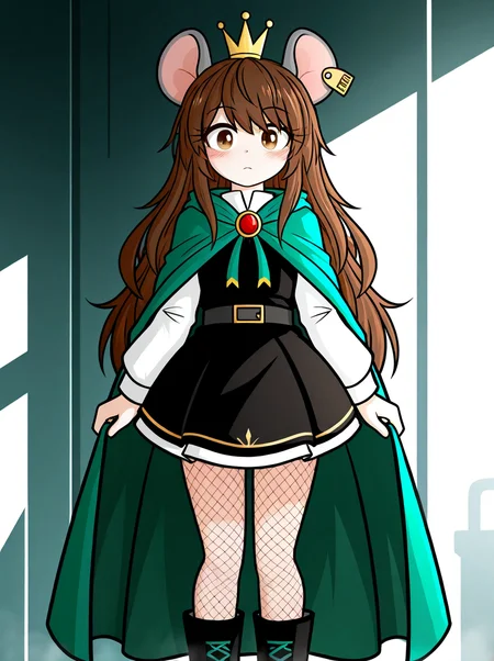 digital media \(artwork\), (masterpiece, high quality, best quality, 8k uhd, absurd res, very aesthetic, newest),solo, by zeptophidia, <lora:QKICuki-Illus:0.8> 1girl, mini crown, brown hair, long hair, light brown eyes, rat ears, ear tag, rat girl, long eyelashes, petite, black dress, green cape, fishnet pantyhose, boots