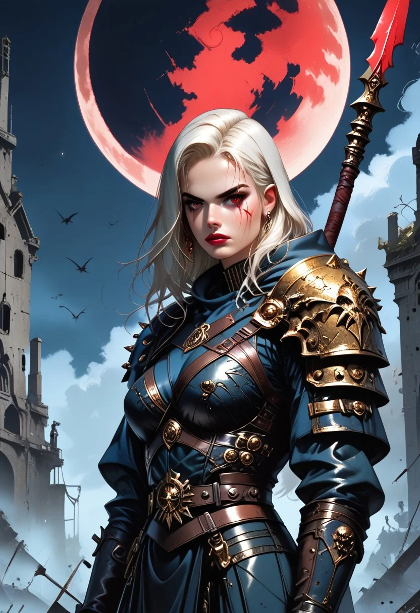 Image of a warrior skilled in the use of the long war spear, dressed in light armor of studded leather imbued with arcane power. The magical runes on the armor and spear blade shine with scarlet and golden light respectively. The warrior moves through abandoned ruins on a night of a scarlet full moon.