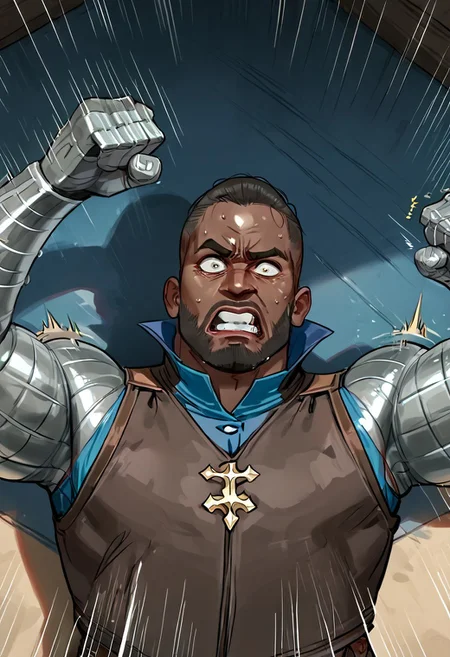 (perfect face:1.4), 1 male, high quality, high detail, perfect eyes, (close up:1.3), (light particles:0.6), masterpiece, (indoors:1.5), fighting stance, serious face,fighting arena, (boxing ring:1.2), blue background,
JaxBriggs, dark-skinned male, metal arms, beard, vest, male, muscular male, (fight stance:1.5), (upper body shot:1.5), (upper body portrait:1.5), fighter shot, clenched teeth, (action lines:1.5), (high angle:1.5), (on the ground:1.5), shocked face, surprised face, sweat, looking at viewer, (imminent ass impact:1.4),
BREAK
(skin detail:1.3), (shadows:1.5), muscular calves,
BREAK score_9, score_8_up, score_7_up, score_6_up, source_cartoon, rating_explicit