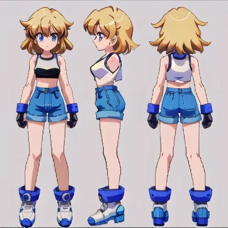 anime, blonde, woman, medium boobs, medium hair, white tank top, blue headband, blue eyes, black wristband,, micro shorts, model sheet, simples background, 1980s (style), retro artstyle, chara-sheet, megaman_legends, lowpoly, PS1, PSX, pixelated