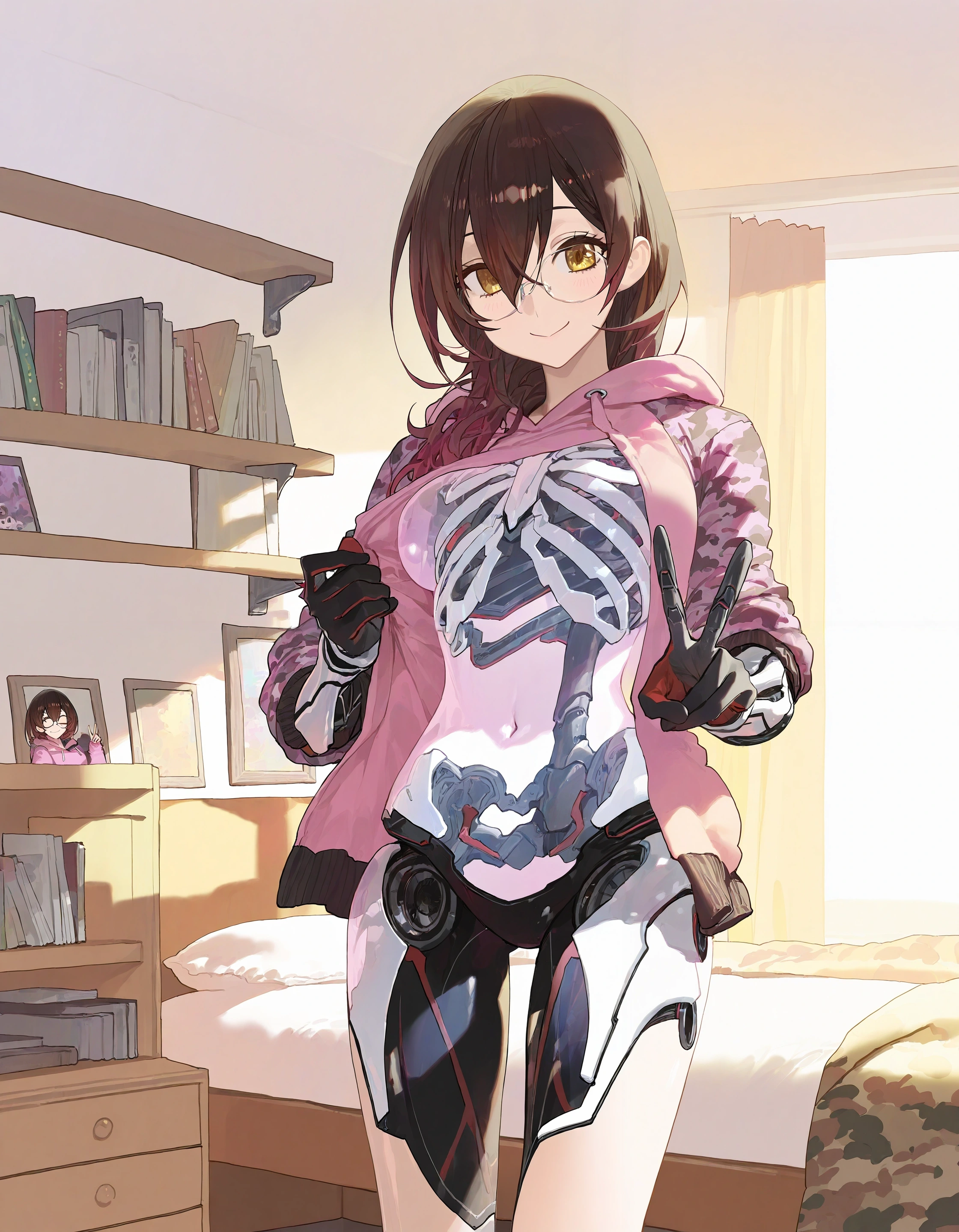 masterpiece, newest,
modare, ask \(askzy\),
1girl, see-through body, ribs,
roboco-san \(hoodie\), smile, v, hoodie pull, pulled by self, open hoodie, (gradient hair:1.1), 
bedroom, sunlight, indoors, bed, shelf, books, glasses, [mechanical legs:3], bare legs, pink hoodie, navel, camouflage, 
<lora:concept_hollowbody-ill_1:1>