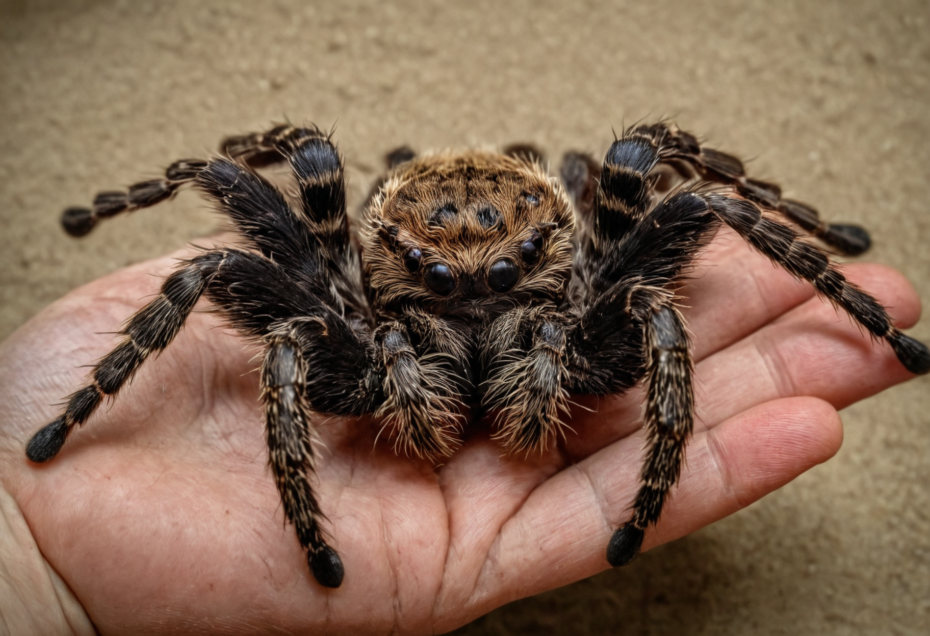 photo ultra close-up person holding a tarantula on two hands, macro photo, highly detailed, hairy spider, depth of field, soft focus <lora:mobile:0.8>