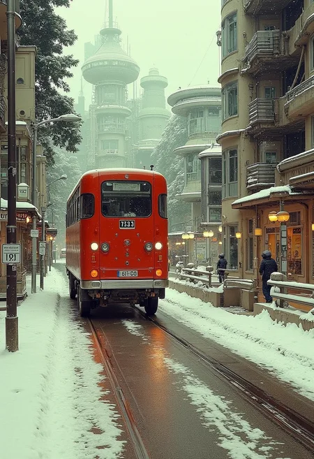 YFG-Asak , A snowy road with a huge red truck, head lights