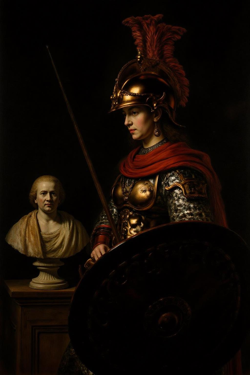 rembr2 painting a detailed, dark oil painting, likely created in the Baroque style, characterized by dramatic lighting and rich, deep colors. Close up of a female warrior, a young woman with a serene and focused expression. She is dressed in ornate, ancient Roman-style armor, which includes a gleaming, ornate helmet adorned with intricate details and a striking red plume. The helmet's surface reflects light, giving it a shiny, metallic appearance. Her armor is detailed with intricate, swirling patterns and a rich, dark brown color, suggesting a combination of leather and metal. She holds a long spear in her right hand, which she clutches with a firm grip, indicating readiness or vigilance. To his left, on a pedestal, is a classical bust of a man with a serene expression, draped in a white cloth. <lora:rembr_paint1_semicap_d6a3:1.0><lora:812159916316894223:0>