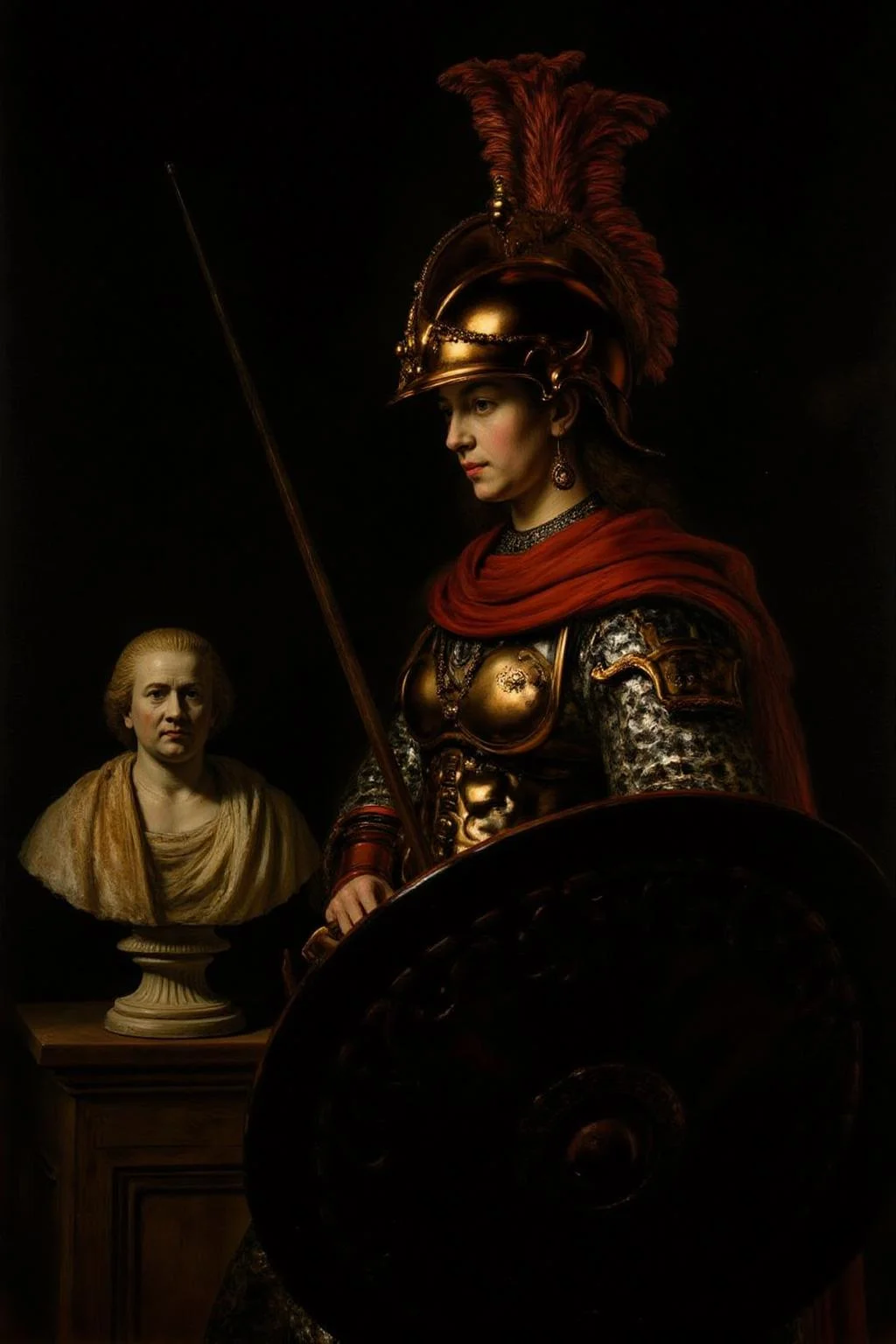 rembr2 painting a detailed, dark oil painting, likely created in the Baroque style, characterized by dramatic lighting and rich, deep colors. Close up of a female warrior, a young woman with a serene and focused expression. She is dressed in ornate, ancient Roman-style armor, which includes a gleaming, ornate helmet adorned with intricate details and a striking red plume. The helmet's surface reflects light, giving it a shiny, metallic appearance. Her armor is detailed with intricate, swirling patterns and a rich, dark brown color, suggesting a combination of leather and metal. She holds a long spear in her right hand, which she clutches with a firm grip, indicating readiness or vigilance. To his left, on a pedestal, is a classical bust of a man with a serene expression, draped in a white cloth. <lora:rembr_paint1_semicap_d6a3:1.0><lora:812159916316894223:0>