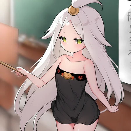 masterpiece,best quality,newest,absurdres,highres,<lora:noobai_ep11_stabilizer_v0.138_fp16:1>,murong_yuzhuo,<lora:Murong_Yuzhuo_v1:1>,green eyes,white hair,dress,teacher,