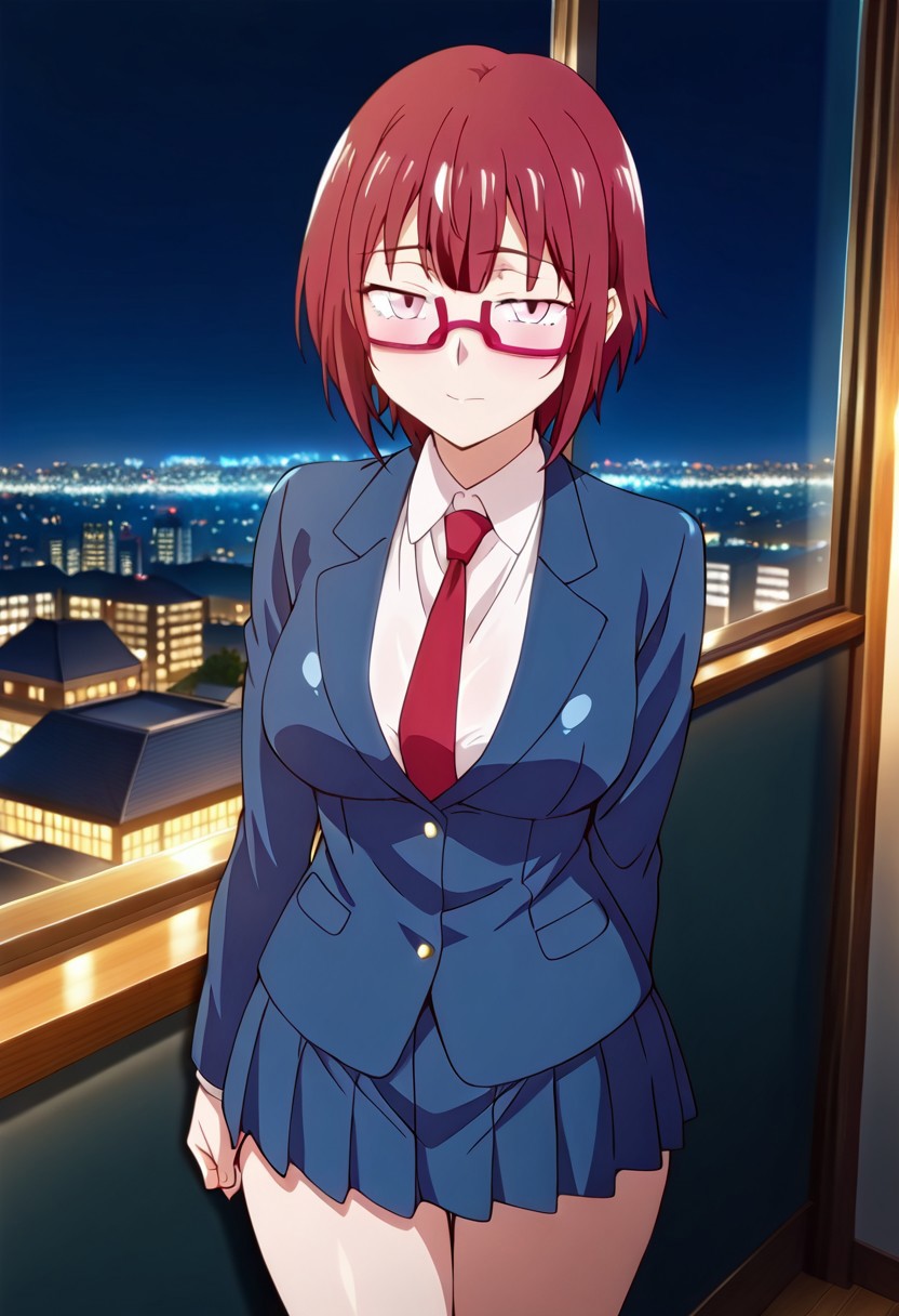 ((masterpiece, absurdres)), best quality, amazing quality, newest, 4k, anime coloring, very aesthetic, ray tracing, Smooth Quality, CG, source_anime,
city view,night,chitose, 1 female, red hair, pink eyes, red glasses, short hair, school uniform, ties,miniskirt,