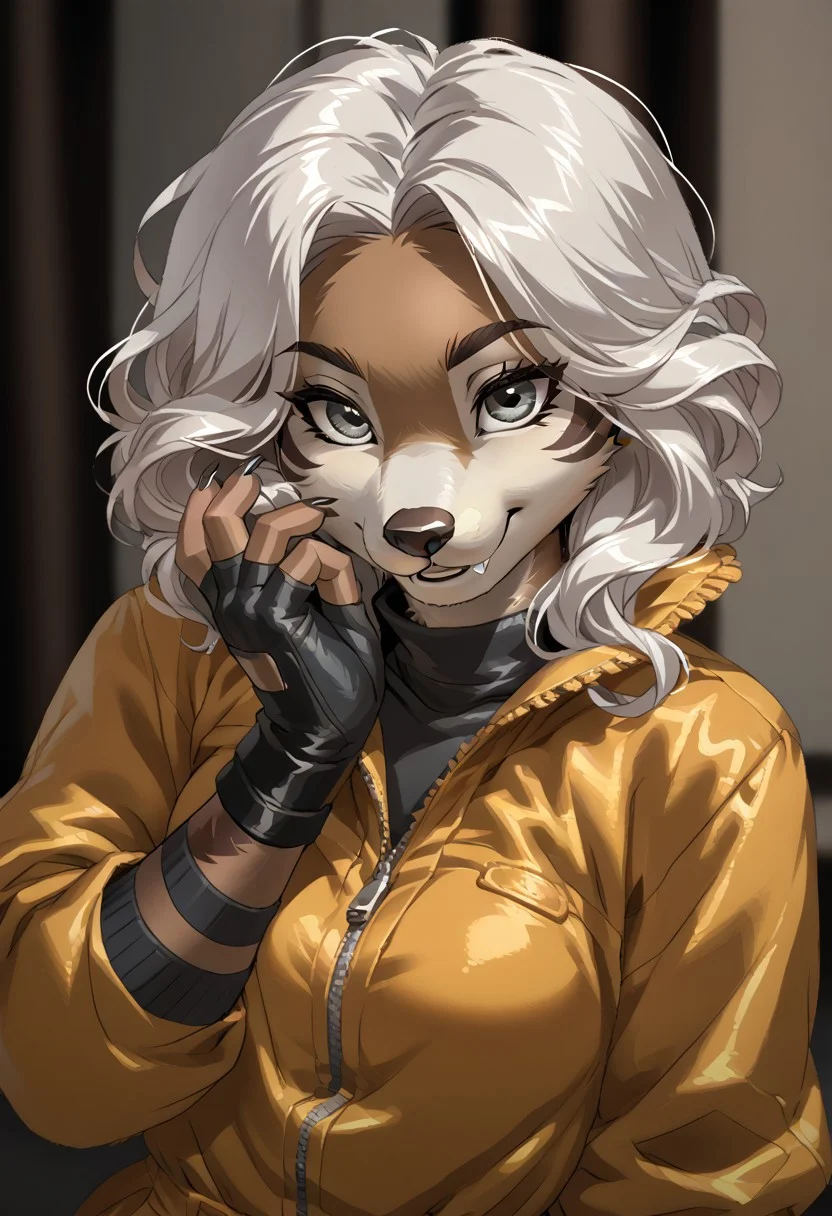 score_9, score_8_up, score_7_up, (by jailbird:1.5), (by kittydee:1.5), (by zummeng:1.5), masterpiece, best quality, (solo),
(Furry Art: anthro: echidna:1.5), 1girl, expressive eyes, feminine eyes, <lora:beautiful_detailed_eyes:1>, perfect face, brown body, long snout, yellow quills, claws, grey eyes, (white hair:1.5), (punk style hair), (asymmetrical haircut), medium breasts, (jumpsuit:1.5), (fingerless gloves:1.5),