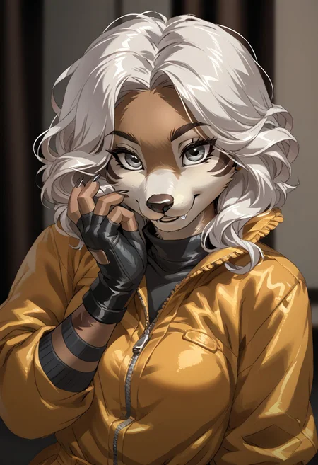 score_9, score_8_up, score_7_up, (by jailbird:1.5), (by kittydee:1.5), (by zummeng:1.5), masterpiece, best quality, (solo),
(Furry Art: anthro: echidna:1.5), 1girl, expressive eyes, feminine eyes, <lora:beautiful_detailed_eyes:1>, perfect face, brown body, long snout, yellow quills, claws, grey eyes, (white hair:1.5), (punk style hair), (asymmetrical haircut), medium breasts, (jumpsuit:1.5), (fingerless gloves:1.5),