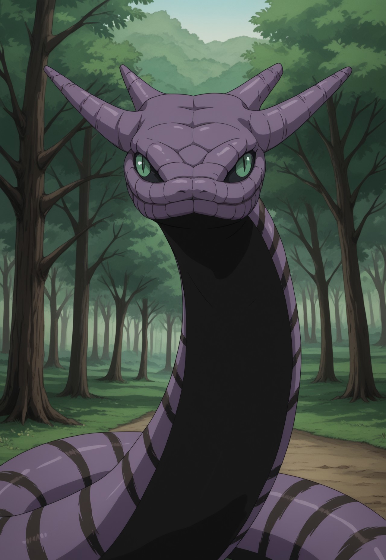 safe_pos, masterpiece, best quality, solo, Naruto_Manda, snake, slit pupils, green eyes, purple body, body markings, black eye markings, 2 pair of horns, black belly scales, closed mouth, cowboy shot, forrest, dynamic perspective