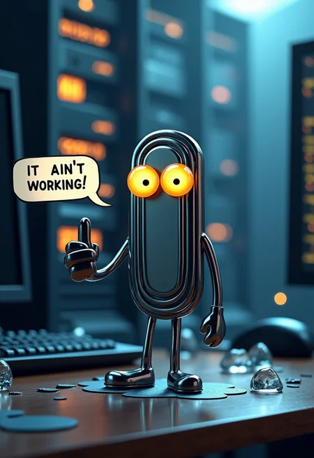 (Clippy, a paperclip with googly eyes), desktop (computing), icon, middle finger
A metal paperclip with googly eyes, (speech bubble "it ain't working, okay?!"),
server background, chaos, broken glass