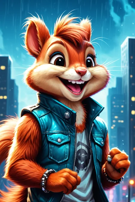 Detailed digital illustration of an anthro Squirrel (Laughing openly, genuine happiness) at a Holographic skyline projections in rainy city, <lora:xl_more_art-full_v1:0.5>, <lora:anthro_muscular:0.7> , <lora:madpunk:0.4> madpunk