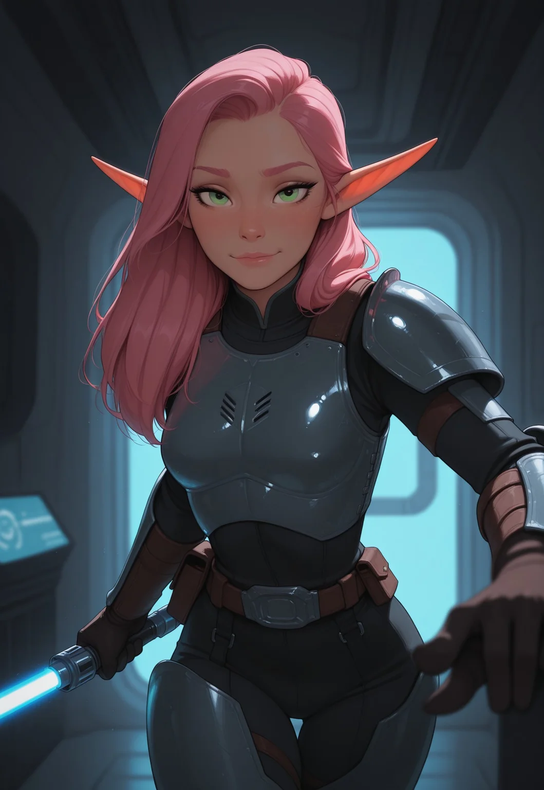masterpiece, best quality, amazing quality, very aesthetic, DISNEY_ANIMATION, incoth, (incase:0.6), female, solo, (depth of field), spaceport, indoors, sci-fi, futuristic,

elf, pink hair, green eyes, cute face, slender, small breasts, long hair swept to one side, beautiful, kawaii, (short ears), serene expression,

mandalorian armor, sleek blue lightsaber,

standing, dynamic pose, swordmaster stance, looking at viewer,