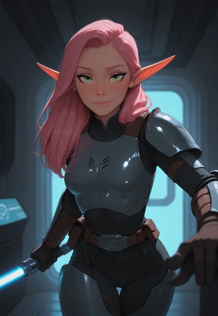 masterpiece, best quality, amazing quality, very aesthetic, DISNEY_ANIMATION, incoth, (incase:0.6), female, solo, (depth of field), spaceport, indoors, sci-fi, futuristic,
elf, pink hair, green eyes, cute face, slender, small breasts, long hair swept to one side, beautiful, kawaii, (short ears), serene expression,
mandalorian armor, sleek blue lightsaber,
standing, dynamic pose, swordmaster stance, looking at viewer,