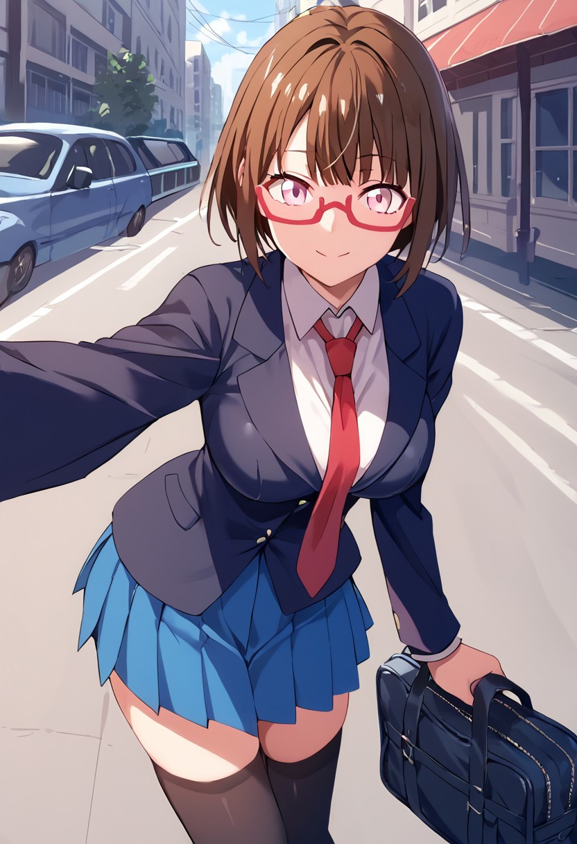 score_9, score_8_up, score_7_up,city view, street background,chitose, female, red glasses, brown hair,short hair, pink eyes, school uniform,miniskirt,ties,  black stocking