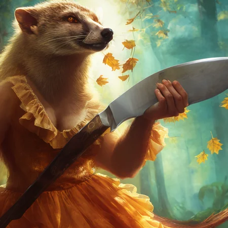 a murderous mongoose woman wearing a frilly dress, and holding a knife. Autumn style. Low angle shot. subsurface scattering, fking scifi v2, hobbit-77