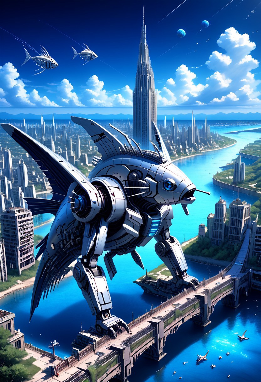 fastenerswm, scenery,building,city,water,cityscape,sky,outdoors,cloud,cloudy sky,bridge,day,ruins,skyscraper,blue sky,ocean,tower,tree,fish, mecha,science fiction,no humans,glowing,retro artstyle,space,star \(sky\),planet,earth \(planet\),space craft,starry sky,weapon,milky way, by advntr,