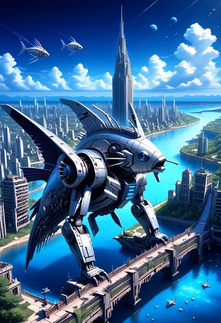 fastenerswm, scenery,building,city,water,cityscape,sky,outdoors,cloud,cloudy sky,bridge,day,ruins,skyscraper,blue sky,ocean,tower,tree,fish, mecha,science fiction,no humans,glowing,retro artstyle,space,star \(sky\),planet,earth \(planet\),space craft,starry sky,weapon,milky way, by advntr,