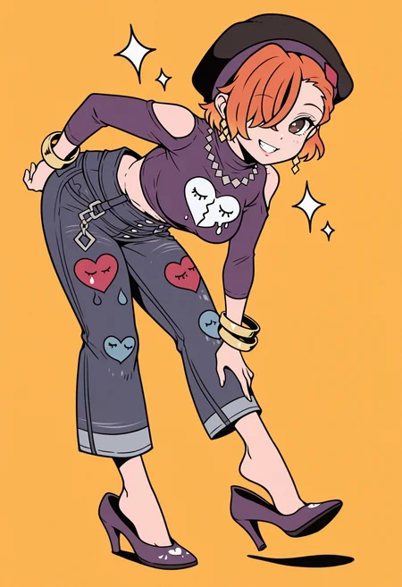 masterpiece, best quality, 1girl, looking at viewer, standing on one leg, grin, leaning forward, shoe dangle, city pop, flat color, <lora:KanonNTWEWY-illu:1> kanon, orange hair, short hair, hair over one eye, beret, black headwear, brown eyes, earrings, necklace, purple shirt, medium breasts, cropped shirt, heart print, shoulder cutout, long sleeves, bangle, midriff, jeans, high heels, purple footwear, sparkle, yellow background
