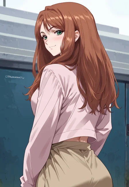zPDXL3, score_9_up, score_8_up, score_7_up, (Anime_source), 1girl, RikaNoyamano, light green eyes, brownish hair, long hair, mole under eye, Daily clothes, looking back, cowboy shot, looking at viewer, smile, little blush, upper body, closed mouth