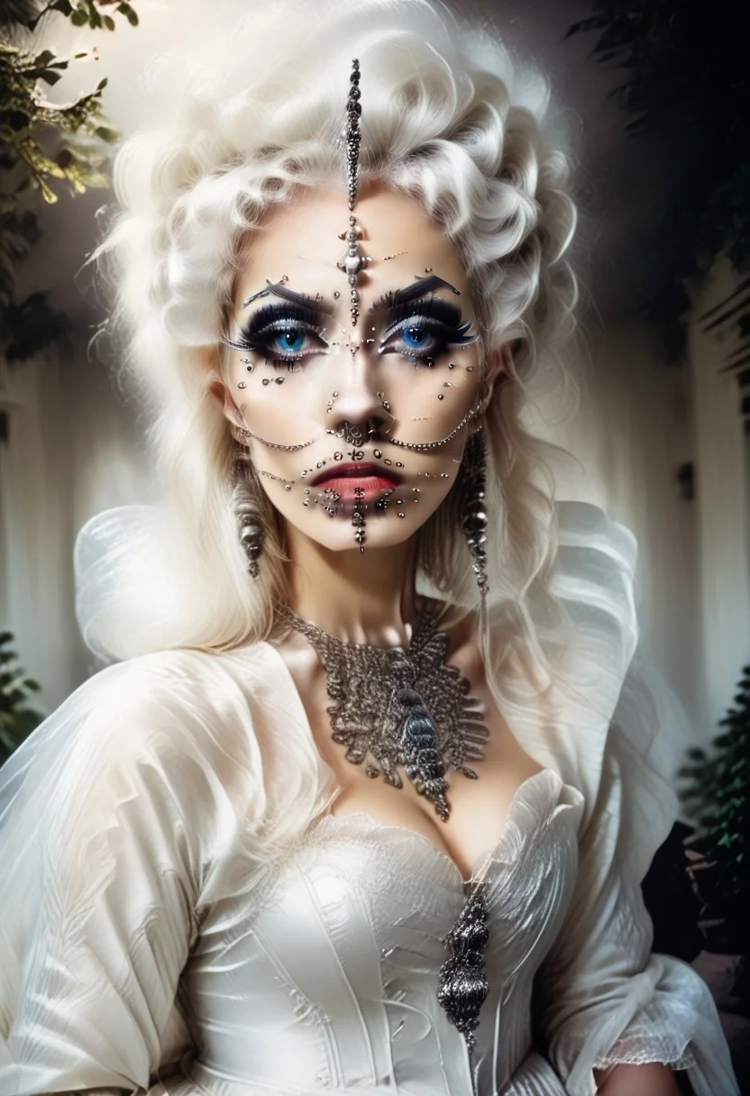 score_9, score_8_up, score_7_up, rating_safe, concept art, realistic, dark theme, low light, Fixhand. dvr-gs.
1girl, solo, Lush white hair, blue eyes. Sexy makeup.
(Big breast:1.2), (Round breast:1.2).
((ExtrFacePiercing:1.8)), ((NoseToEar)).