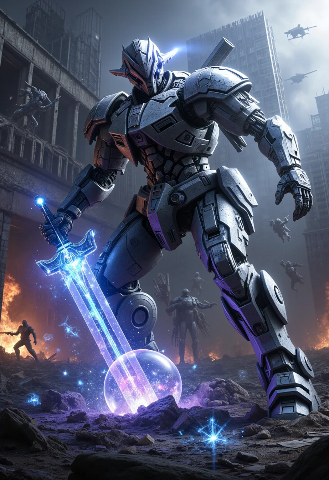 A futuristic Mech warrior, clad in impenetrable armor, stands amidst the ruins of a planet under siege by an alien force. The Mech’s weapon is a powerful, energy-based sword that shatters a crystal-clear glass sphere, releasing shimmering nebulas filled with alien creatures and energy weapons. The background features the devastation of a city under constant bombardment, with crumbling buildings and towering skyscrapers engulfed in flames. Use a dark, war-torn color palette with pops of vibrant neon from the energy weapons and the Mech’s weapon. The overall mood should be one of brutal conflict and the fragility of existence, with the sword as a symbol of hope and determination. <lora:Dever_Flux_Enhancer> <lora:ck-Chernobyl-Exclusion-Zone-000016>