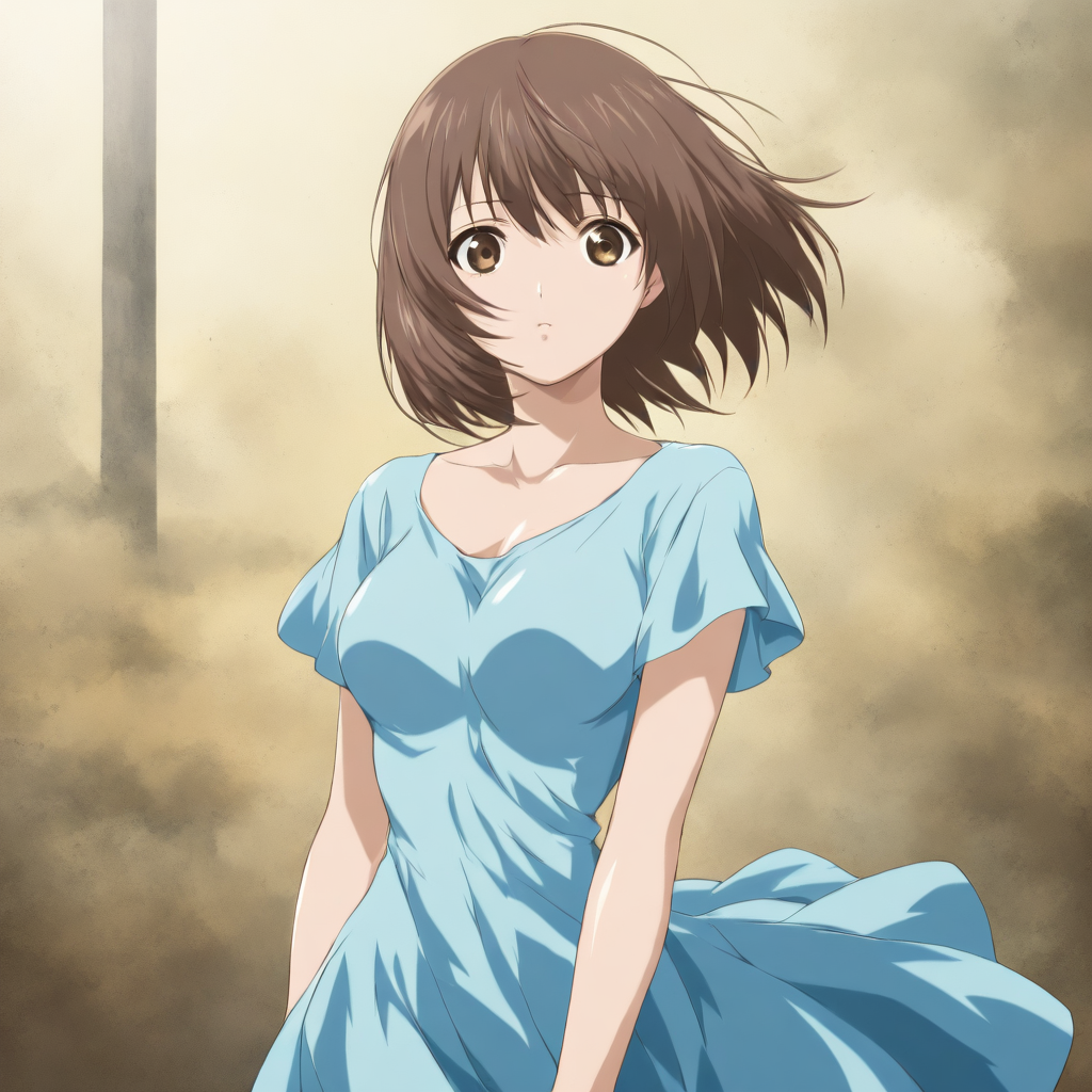 masterpiece,1girl,solo,looking at viewer,cowboy_shot,blue dress,<lora:Moe_Ukida ag4o v1:1> moe_ukida, brown hair, short hair, brown eyes,