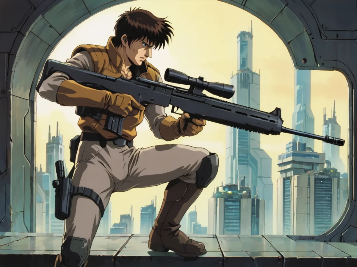 score_9, score_8_up, score_7_up,,source_amime, BREAK <lora:gits95environment:0.6>,
gits95, , weapon, gun, cyberpunk, 1boy, solo, male focus, retro artstyle, gloves, rifle, science fiction