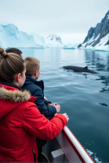 Photo of a cruise expedition to the artic circle, passengers on deck wearing puffy parkas watching as a pod of narwhale surface in the distance, depth of field, nature photography, capturing the awe and wonder inspired by nature3âââ