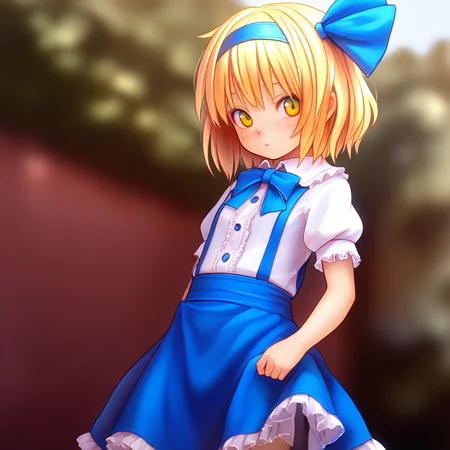 <lora:alice98ILL:1>,1girl,alice98,blonde_hair,yellow eyes,short hair,blue_hairband,hair_ribbon,blue_bow,bow,clothes,frills,shirt,sleeve,short_sleeves,suspenders,suspender skirt,, masterpiece, best quality, amazing quality, newest