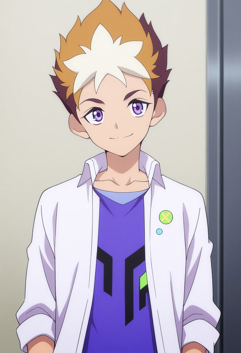 masterpiece,best quality,amazing quality, source_anime,
SubaruMakabe, 1boy, male focus, solo, purple eyes, multicolored hair, brown hair, white hair, collarbone, shirt, purple shirt, white shirt, collared shirt, open shirt, smile,