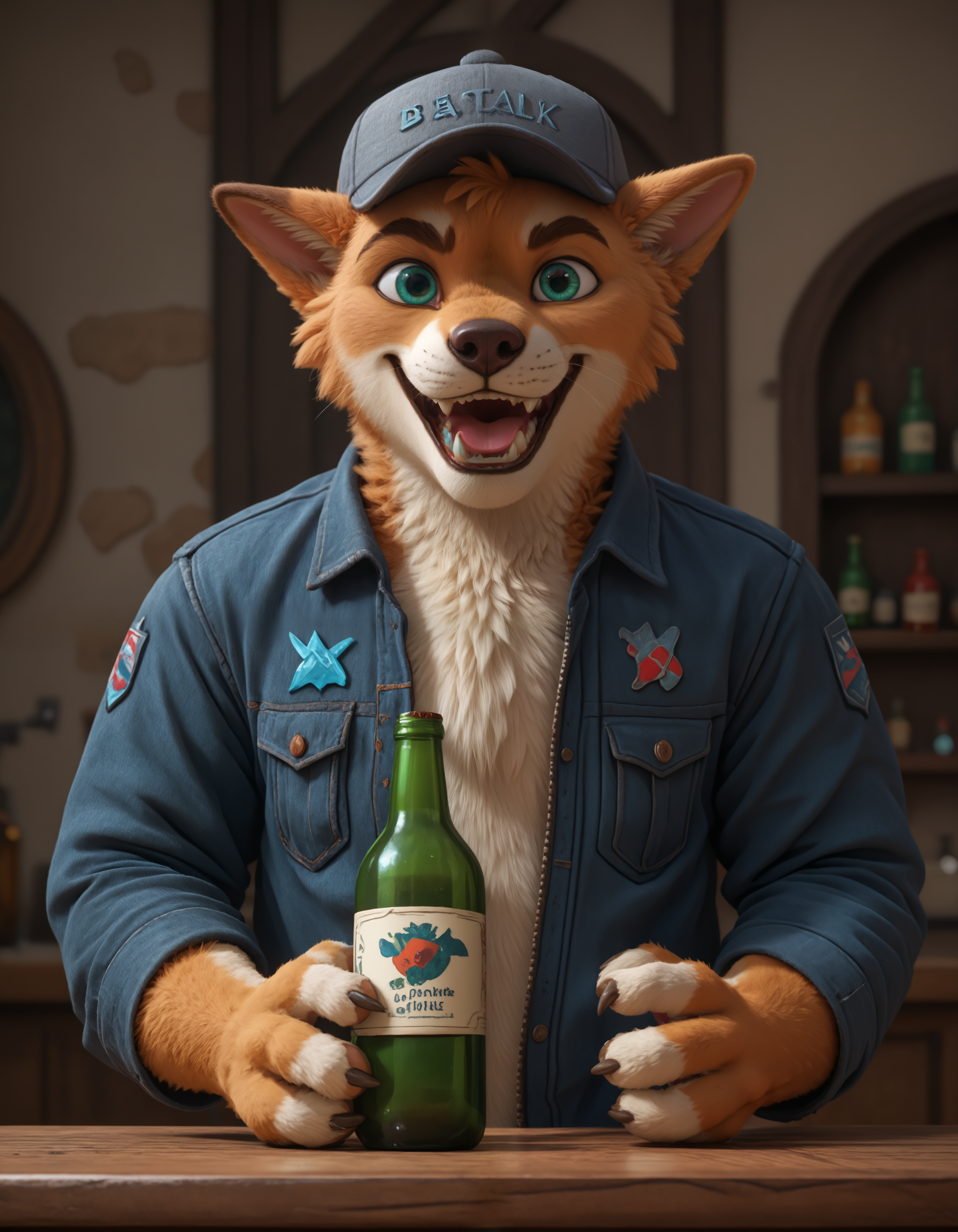 score_9, score_8_up, score_7_up, BREAK (anthro, furry:1.1), depth of field, cinematic lighting, masterpiece, detailed teeth, detailed hands, best quality, ultra realistic, 4k, 2k, film photography, RAW photo, photorealistic, analog style, subsurface scattering, photorealism, embedding:unaestheticXL_bp5, embedding:zPDXL,(best quality, high quality, 8K:1.5), <lora:add-detail-xl:3>, <lora:2.5DRealisticV2.safetensors:0.25>, <lora:fix_hands.safetensors:2.0>, <lora:sinfully_stylish_SDXL.safetensors:0.6>, <lora:AdvancedEnhancerXLv2.safetensors:1.0>, max detail, 4k wallpaper, masterpiece, best quality, absurdres, highres, (solo:1.25), male, green eyes, aqua eyes, smile, claws, full body, animal ears <lora:Orangino_Telegram.safetensors:0.9>, hat,  solo, 1boy, holding, male_focus, open_mouth, bottle, grey_headwear, furry, jacket, furry_male, upper_body, shirt, holding 1bottle, angry, drunk
