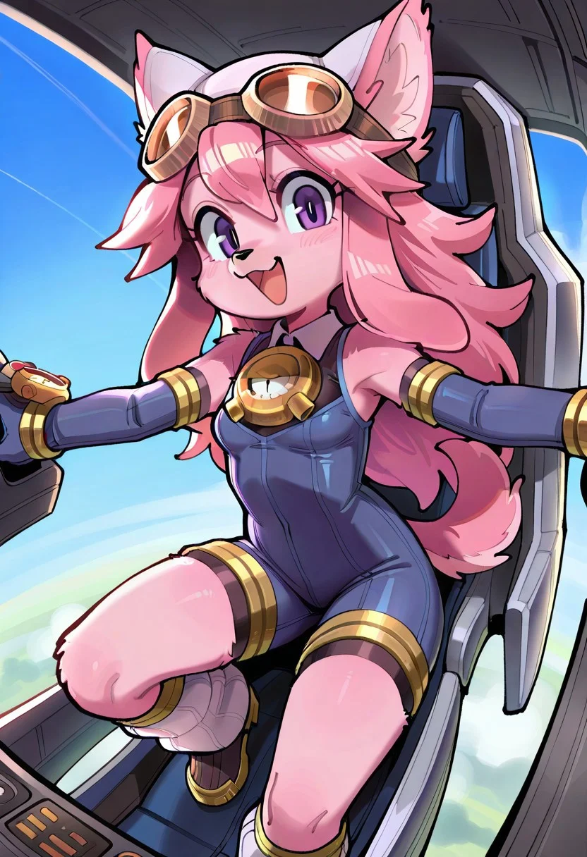 score_9, score_8_up, score_7_up, high resolution, masterpiece, best quality, wamudraws, itsunkownanon,
1girl, solo, dynamic angle, mecha cockpit, riding cockpit, open cockpit, large windshield, sky,
chocolatsr, cute, furry female, dog girl, pink fur, long hair, pink hair, dog tail, purple eyes, animal ears, animal nose, flat-chested, small breasts, shortstack, blue jumpsuit, elbow gloves, white headwear, goggles oon headwear, leg warmers, boots, looking at viewer, smile, open mouth
