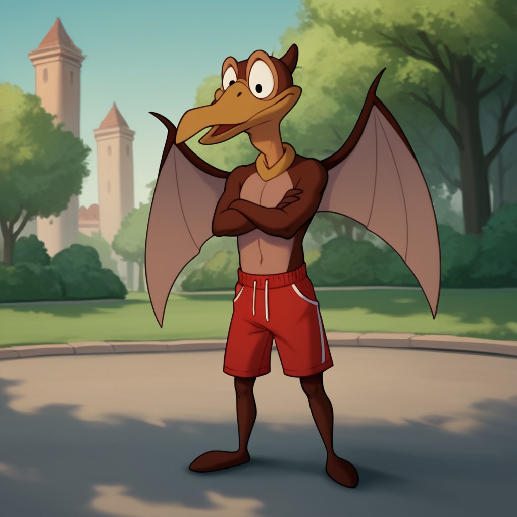 score_9, score_8_up, score_7_up, score_6_up, source_furry, Petrielbtv2, anthro, male, Pteranodon, brown skin, black eyes, membranous wings, winged arms, standing ,at a park, arms crossed, red shorts,