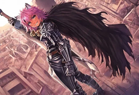 masterpiece, very aesthetic, anime screenshot, 1girl, Pink_PonyXL, DragonSlayerSword-Il.V1.0, white tiger striped armor, white tiger striped shoulder armor, gauntlets, greaves, bandaged arm, white tiger striped cape, torn cape, bright pink hair, cat ears, scar on nose, cat bell around neck, tanned, white tiger tail, small breasts, femine body, smiling, making a cute cat face, single fanged tooth showing, standing, looking at viewer, side view, wielding-dragonslayer, huge weapon, sword, holding sword, holding weapon, zoomed in on pink_ponyxl's face, people around, Dutch angle, upper body
Break
Hyilian lake, bright and sunny, calm waters,