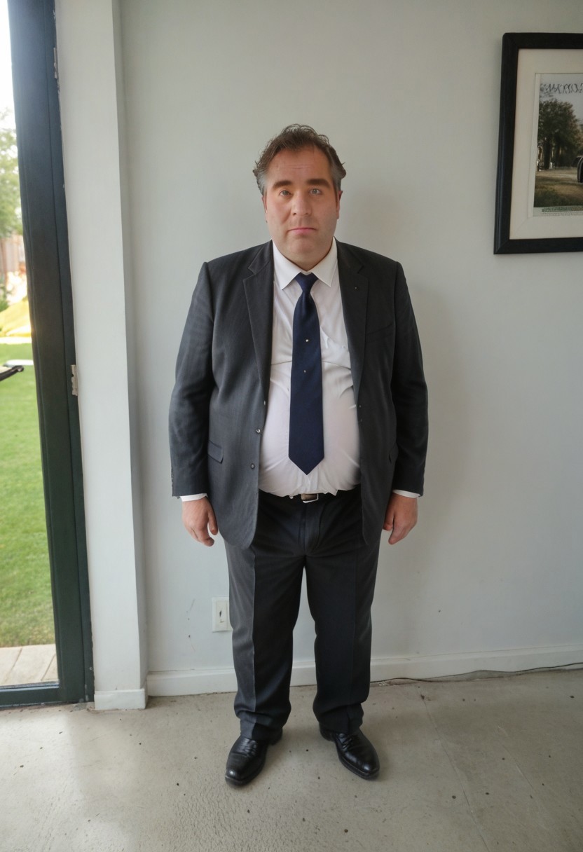 masterpiece, best quality, newest, absurdres, highres, photo, realistic style, full body picture, outside, 1boy, Tubby, fat man hairy man, brunette, green eyes, wearing a suit