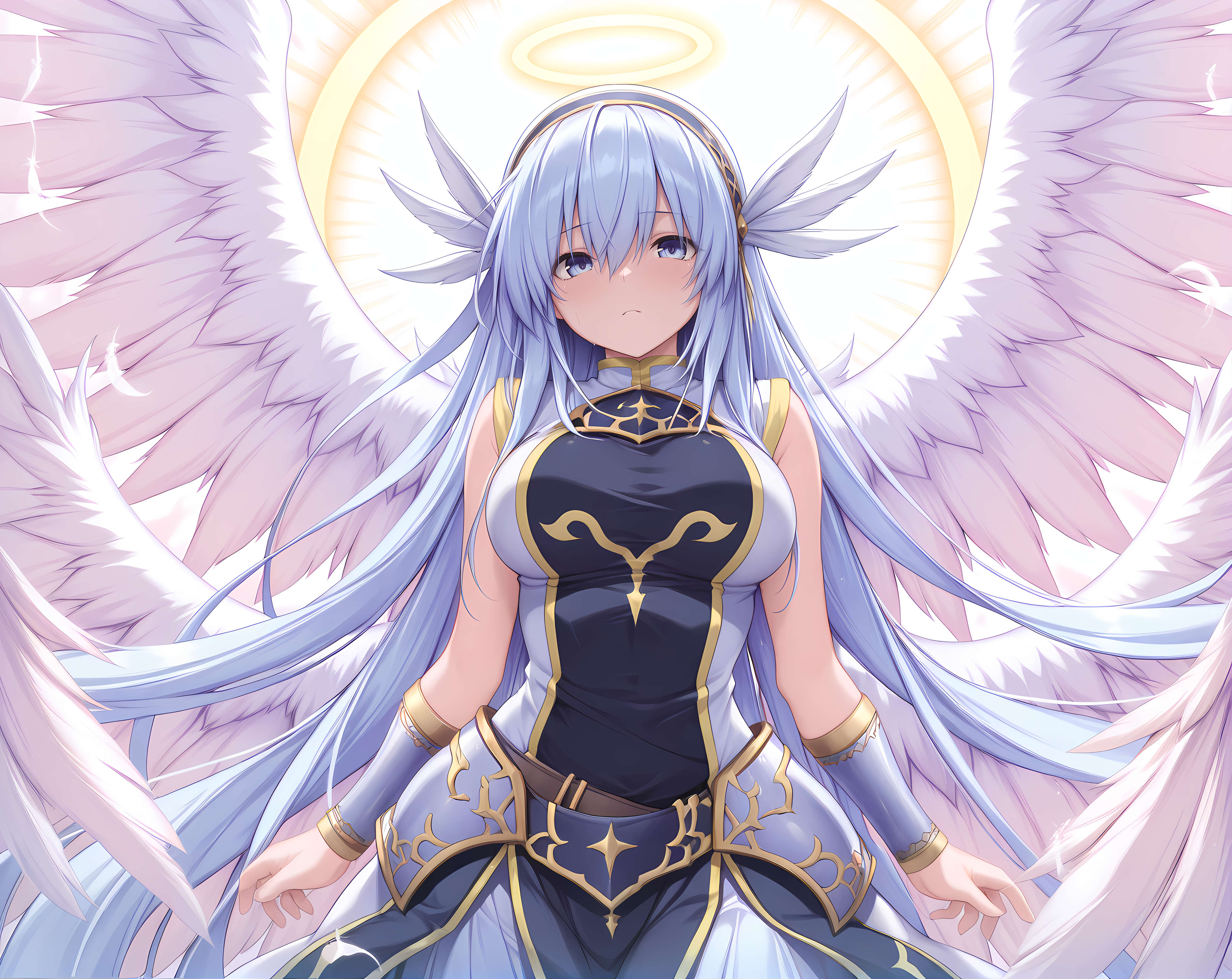 <lora:Mehisha:0.85>,mehisha,feather hair ornament,angel wings,halo,white wings,vambraces,sleeveless,large breasts,very long hair,blue hair,hairband,blue eyes,hair between eyes,solo,, masterpiece,best quality,amazing quality, very aesthetic, absurdres,detailed eyes,ultra-detailed,