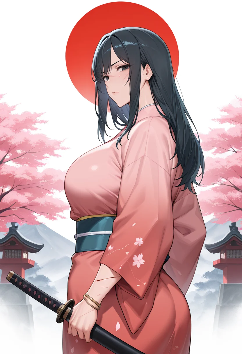 masterpiece, best quality, amazing quality, very aesthetic, absurdres, newest,
tori gate, mountains, kimono, mist, 1girl, mature female, long hair, black hair, black eyes, katana, serious, sakura trees, rising sun, red, white, scars, two bleeding wounds, two bracelets, looking at viewer, from side, from below, <lora:Natedecock_NDC_Style-IL:1> pkndc