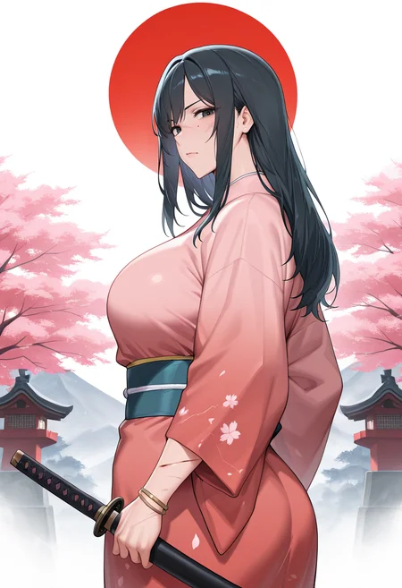 masterpiece, best quality, amazing quality, very aesthetic, absurdres, newest,
tori gate, mountains, kimono, mist, 1girl, mature female, long hair, black hair, black eyes, katana, serious, sakura trees, rising sun, red, white, scars, two bleeding wounds, two bracelets, looking at viewer, from side, from below, <lora:Natedecock_NDC_Style-IL:1> pkndc