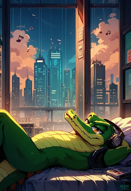 score_9, score_8_up, score_7_up, detailed background, cityscape, indoors, l0f1, solo, vector the crocodile, headphones, music notes, looking out of the window, lying, on back