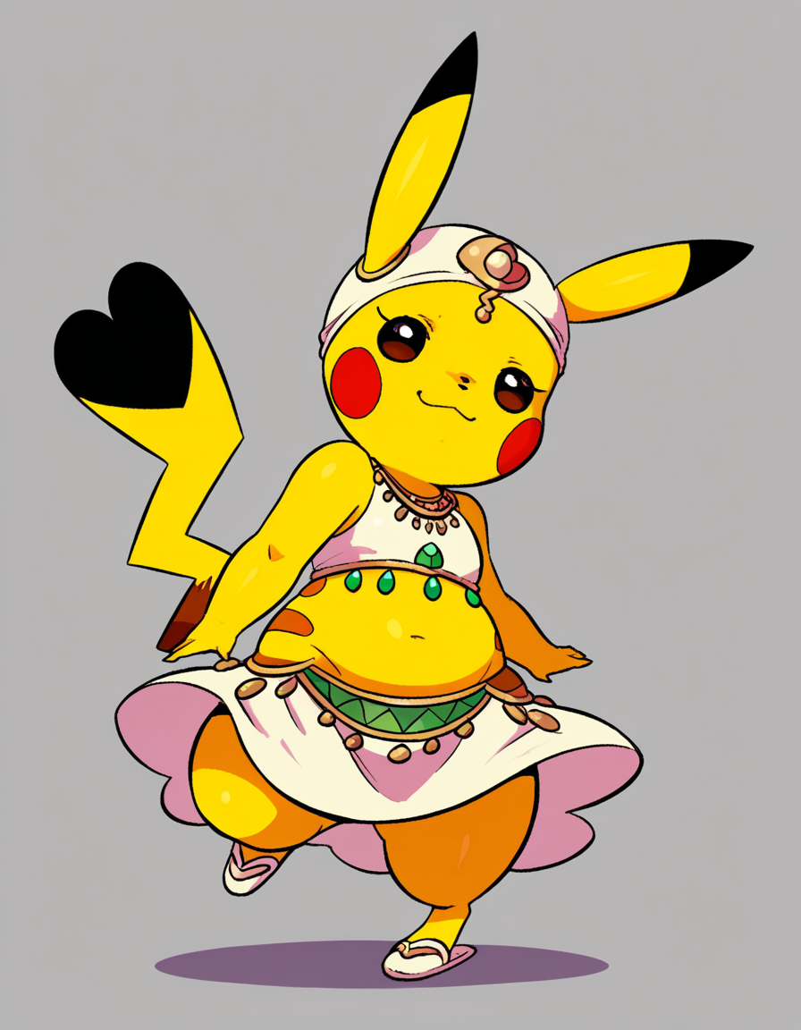 zPDXL, score_9, score_8_up, score_7_up, score_6_up, score_5_up, source_anime, 4k, absurdres, 1girl, solo, 
<lora:Cosplaychu_v1-1-20:0.8>, cosplay pikachu, pokemon \(creature\), pikachu ears, pikachu tail, feral, eyelashes, shortstack, flat chest,
belly dancer wearing a white chiffon crop top,gypsy skirt,dance slippers,